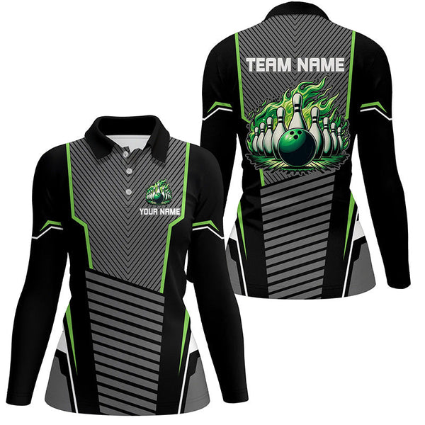 Green flame Bowling Polo, 1/4 Zip Shirt for Women Custom Black Bowling Team Jerseys gift for bowlers NQS7590