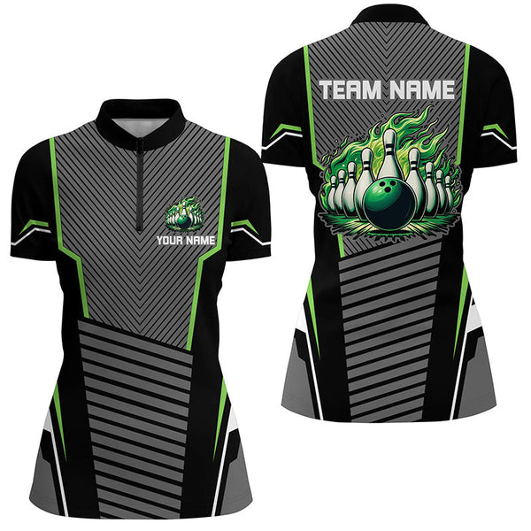 Green flame Bowling Polo, 1/4 Zip Shirt for Women Custom Black Bowling Team Jerseys gift for bowlers NQS7590