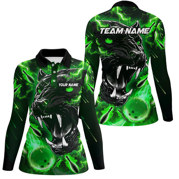 Green Flame Panther Bowling Polo, Quarter Zip Shirts For Women Custom Bowling Team League Jerseys NQS8653