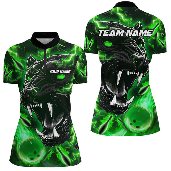 Green Flame Panther Bowling Polo, Quarter Zip Shirts For Women Custom Bowling Team League Jerseys NQS8653