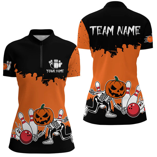Black and Orange Funny Pumpkin Skull Bowling Shirts For Women Custom Halloween Team Bowling Jerseys NQS8656