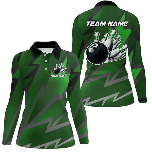 Green Lightning Thunder Storm Team bowling shirts for women custom bowling Polo, Quarter zip jerseys NQS9140