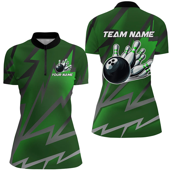 Green Lightning Thunder Storm Team bowling shirts for women custom bowling Polo, Quarter zip jerseys NQS9140