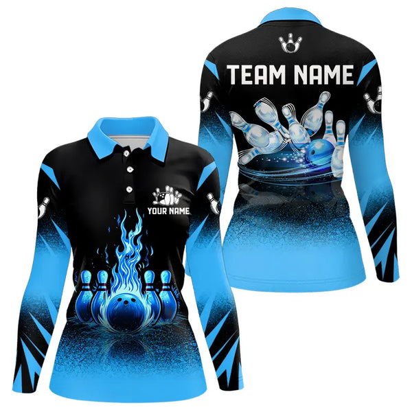Black and Blue Flame Bowling Polo, Quarter Zip shirts for Women Custom Bowling Team League Jerseys NQS9345