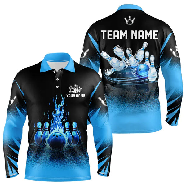 Black and Blue Flame Bowling Polo, Quarter Zip shirts for Men Custom Bowling Team League Jerseys NQS9345