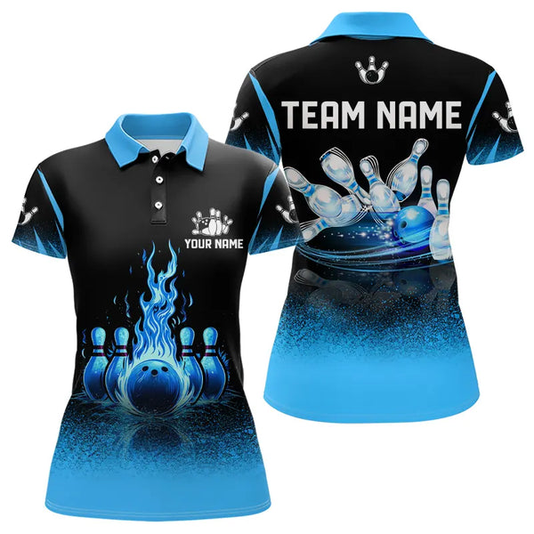 Black and Blue Flame Bowling Polo, Quarter Zip shirts for Women Custom Bowling Team League Jerseys NQS9345
