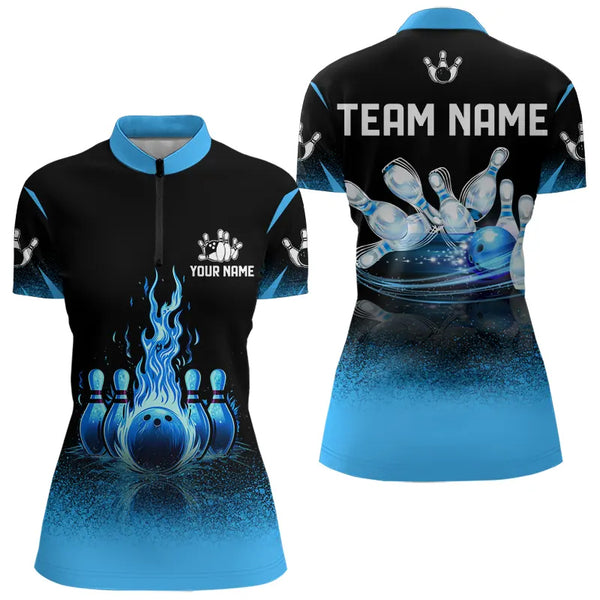 Black and Blue Flame Bowling Polo, Quarter Zip shirts for Women Custom Bowling Team League Jerseys NQS9345