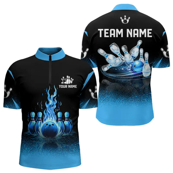 Black and Blue Flame Bowling Polo, Quarter Zip shirts for Men Custom Bowling Team League Jerseys NQS9345