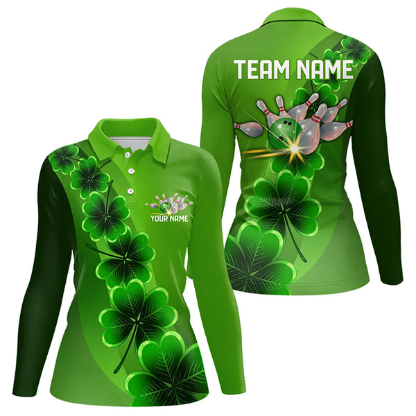 Green shamrock Lucky Bowling Polo, 1/4 Zip Shirt for Women Custom St Patrick Day Bowling Team Jerseys NQS9486