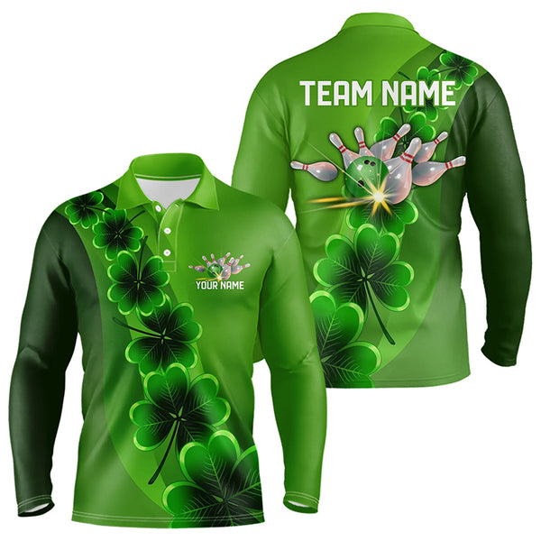 Green shamrock Lucky Bowling Polo, 1/4 Zip Shirt for Men Custom St Patrick Day Bowling Team Jerseys NQS9486