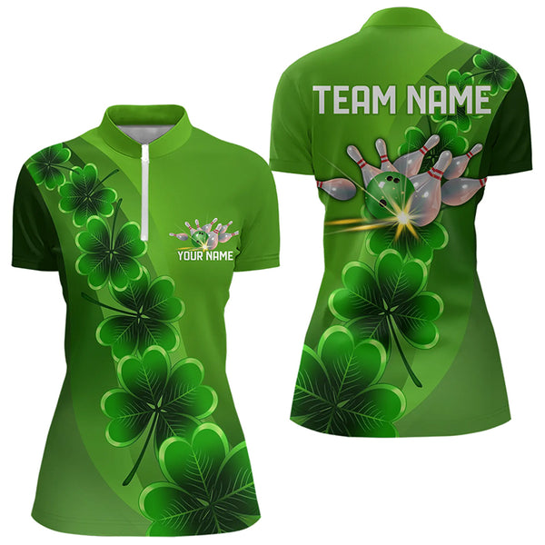 Green shamrock Lucky Bowling Polo, 1/4 Zip Shirt for Women Custom St Patrick Day Bowling Team Jerseys NQS9486