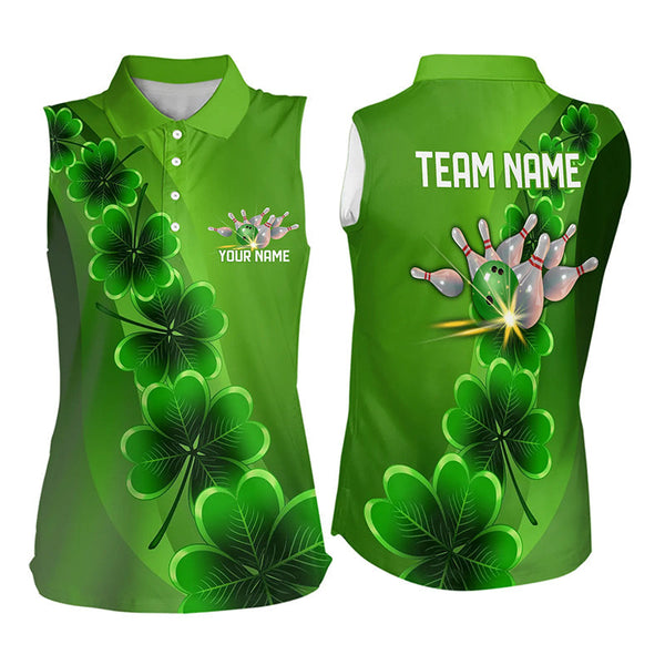 Green shamrock Lucky Bowling Sleeveless Polo Shirt Custom St Patrick Day Bowling Team Jerseys NQS9486