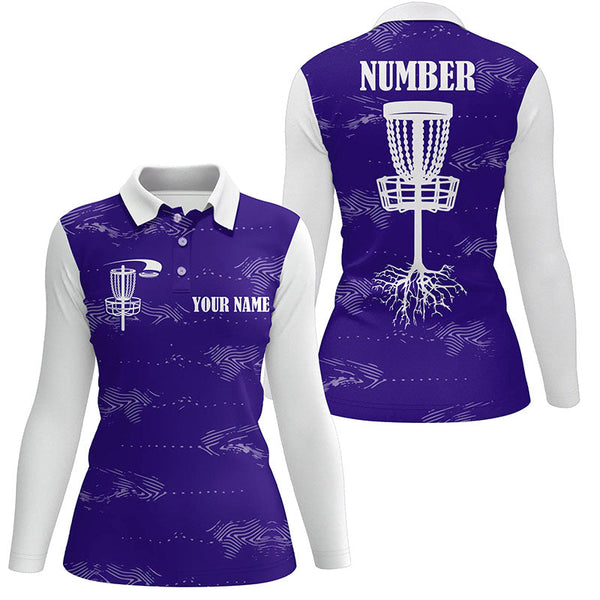 Purple and white Womens disc golf polo shirt custom disc golf basket, personalized disc golf gifts NQS7252
