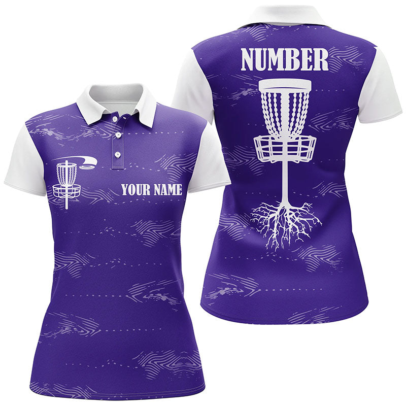Purple and white Womens disc golf polo shirt custom disc golf basket, personalized disc golf gifts NQS7252