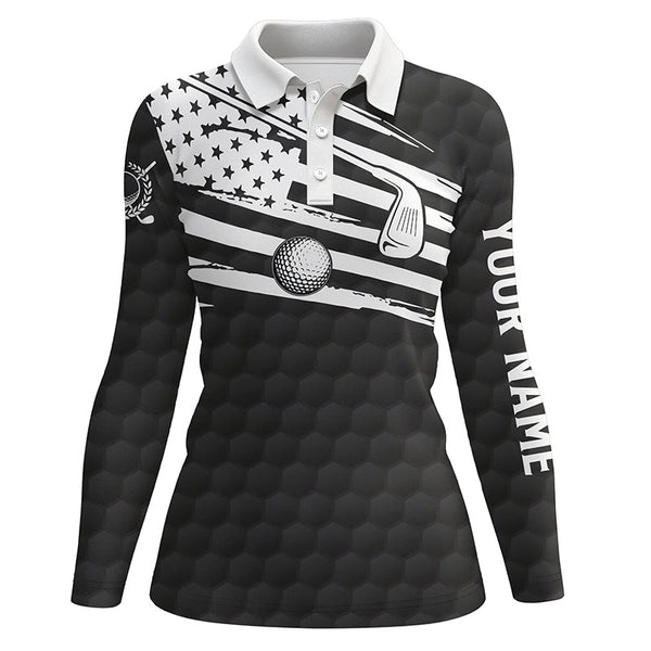 Black & White Women golf polo shirt custom American flag team golf shirts, patriot golf tops for women NQS7259