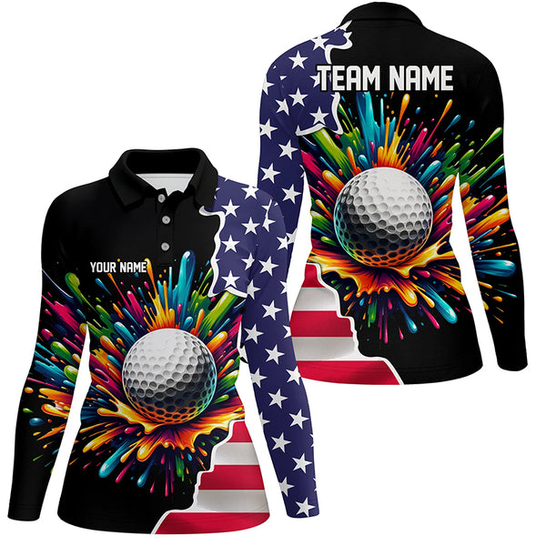 American flag black Women golf polo shirt custom colorful paint golf shirts, patriot ladies golf tops NQS7260