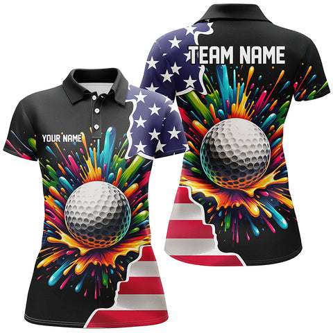 American flag black Women golf polo shirt custom colorful paint golf shirts, patriot ladies golf tops NQS7260
