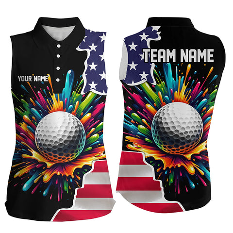 American flag black Women sleeveless polo shirt custom colorful paint golf patriot ladies golf tops NQS7260