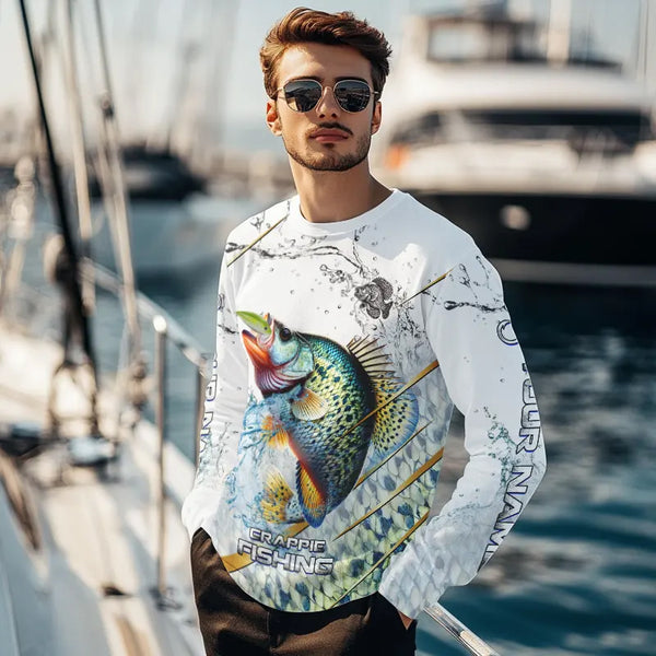 Crappie Green scales water Custom White Long Sleeve Fishing Shirts, Personalized Crappie Fishing Gifts NQS9646