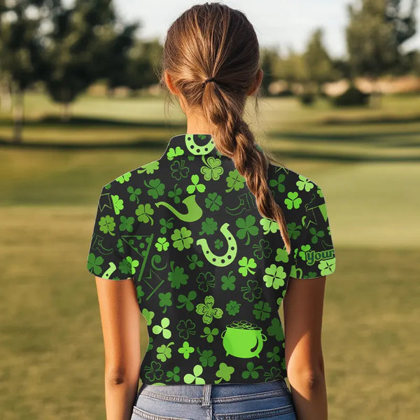 Green shamrock St Patrick Day pattern Lucky polo golf shirts for Women Custom St Patrick golf attire NQS9649