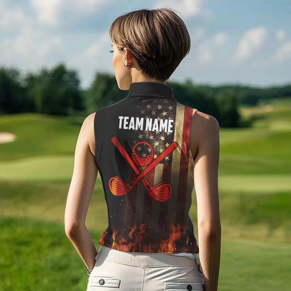 Flame Golf ball vintage American Flag Women Sleeveless Golf polo shirts Custom patriotic golf attire NQS9650