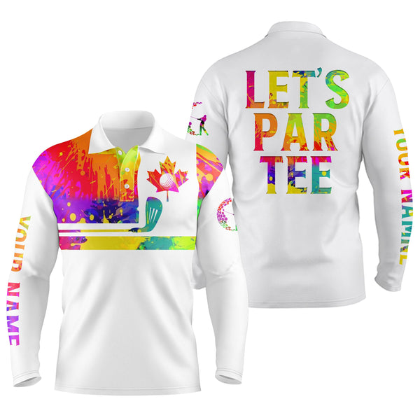 Mens golf polo shirt watercolor Canadian flag patriot golf custom name Let’s Par Tee white golf shirt NQS5428