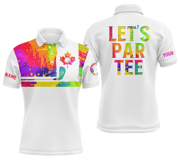 Mens golf polo shirt watercolor Canadian flag patriot golf custom name Let’s Par Tee white golf shirt NQS5428