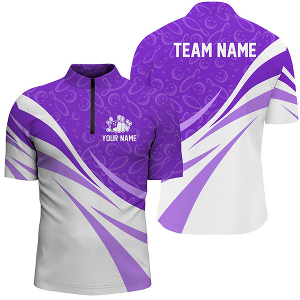White and purple camo Men bowling Polo, Quarter Zip shirt Custom Team bowling jersey, gift for bowlers NQS8010