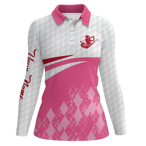 Pink argyle pattern white Womens golf polo shirts custom name golf clothes for women, golfing gifts NQS6109