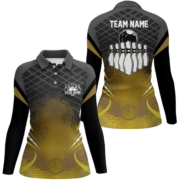Women bowling polo shirt Custom black gold bowling ball pins team league jersey, bowling gift NQS6329