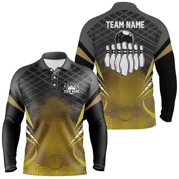 Mens polo bowling shirt Custom black gold bowling ball pins team league jersey, bowling gift NQS6329
