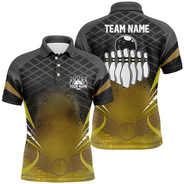 Mens polo bowling shirt Custom black gold bowling ball pins team league jersey, bowling gift NQS6329
