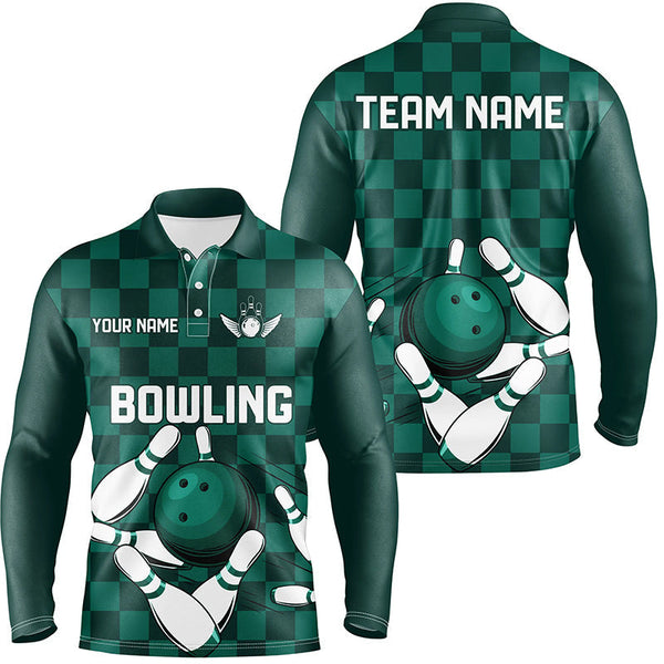 Green checkered Men Bowling Polo, Quarter Zip Shirt Custom team bowling jerseys, mens bowling outfits NQS8436