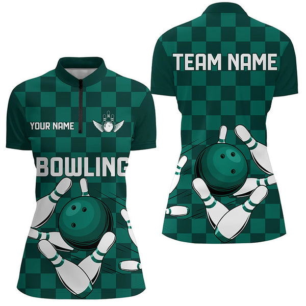 Green checkered Women Bowling Polo, 1/4 Zip Shirt Custom team bowling jerseys, Ladies bowling outfits NQS8436