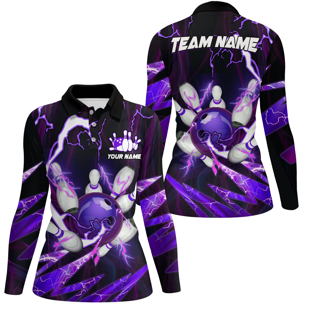 Flame lightning thunder bowling ball pins jerseys Custom Team Bowling Polo Shirts For Women | Purple NQS6550