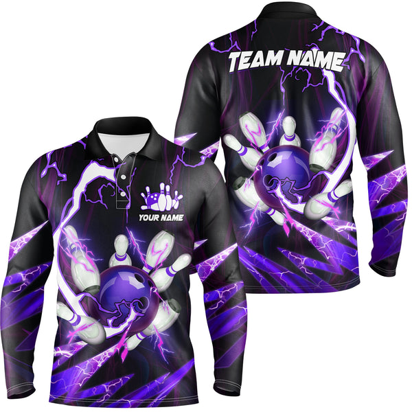 Flame lightning thunder bowling ball and pins jerseys Custom Team Bowling Polo Shirts For Men | Purple NQS6550