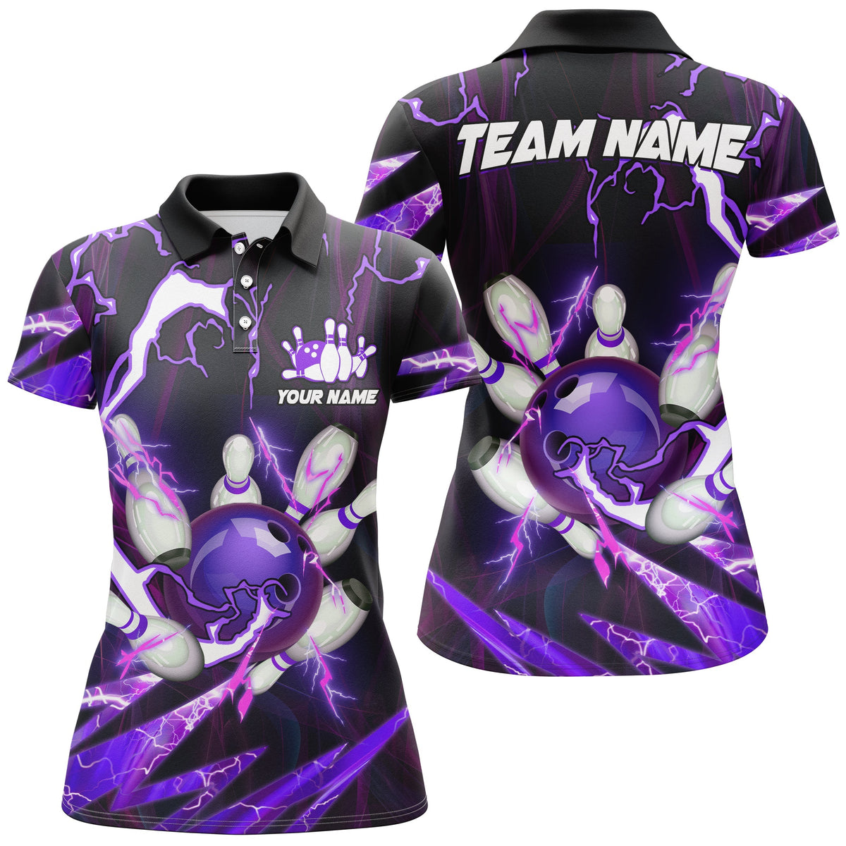 Flame lightning thunder bowling ball pins jerseys Custom Team Bowling Polo Shirts For Women | Purple NQS6550