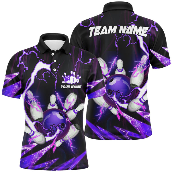 Flame lightning thunder bowling ball and pins jerseys Custom Team Bowling Polo Shirts For Men | Purple NQS6550