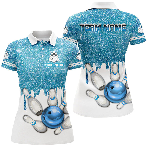 Blue glitter Bowling Shirts For Women Custom team bowling jerseys, Personalized bowling uniform NQS8657