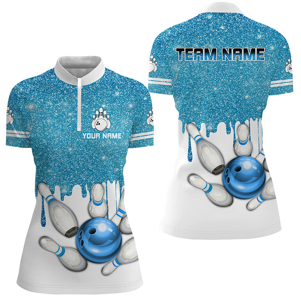 Blue glitter Bowling Shirts For Women Custom team bowling jerseys, Personalized bowling uniform NQS8657