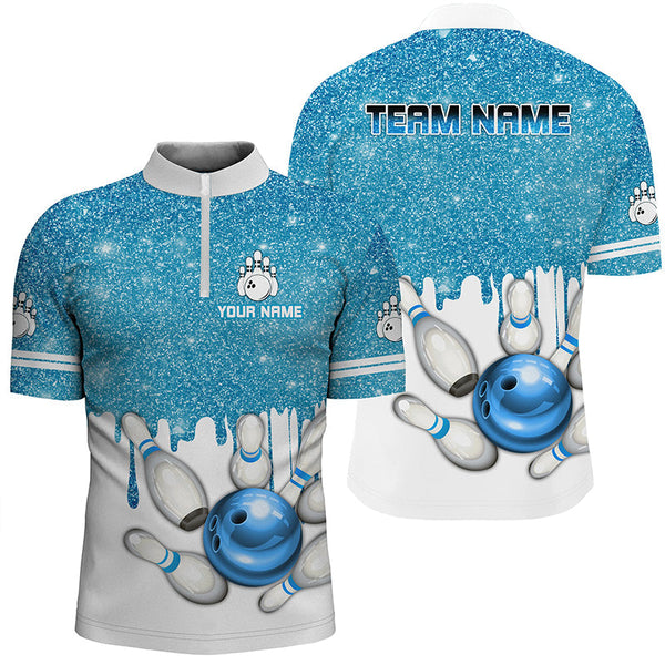 Blue glitter Bowling Shirts For Men Custom team bowling jerseys, Personalized bowling uniform NQS8657