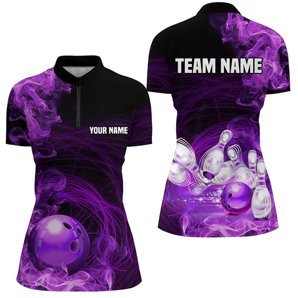 Purple Flame Fire Bowling Polo, 1/4 Zip Shirt For Women Custom team bowling jersey, Gift for Bowlers NQS8662