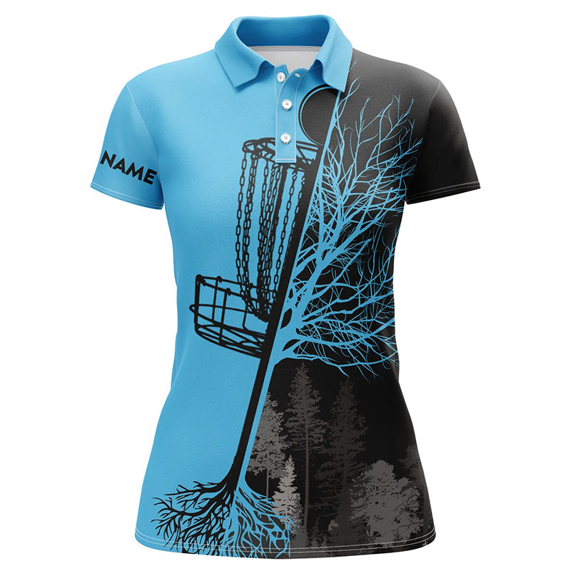 Womens disc golf polo shirts custom black and blue disc golf basket, disc golf outfit NQS7151