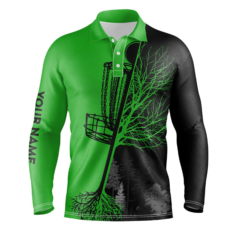 Mens disc golf polo shirt custom name black and green disc golf basket, personalized disc golf shirts NQS7152