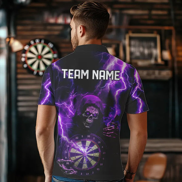 Personalized Skull Purple lightning thunder Darts Polo, 1/4 Zip Shirt For Men Custom Dart Team Jerseys NQS9494