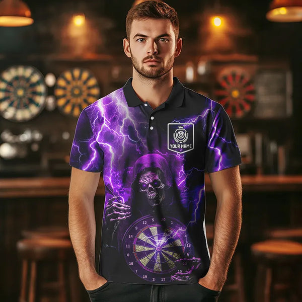 Personalized Skull Purple lightning thunder Darts Polo, 1/4 Zip Shirt For Men Custom Dart Team Jerseys NQS9494