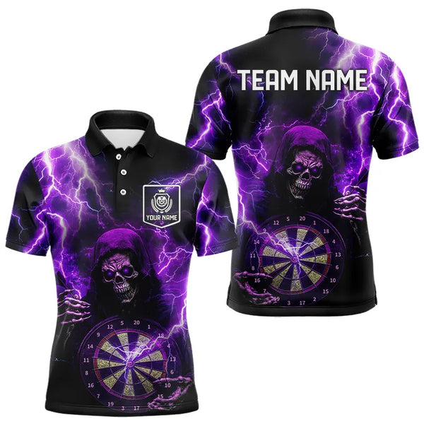 Personalized Skull Purple lightning thunder Darts Polo, 1/4 Zip Shirt For Men Custom Dart Team Jerseys NQS9494