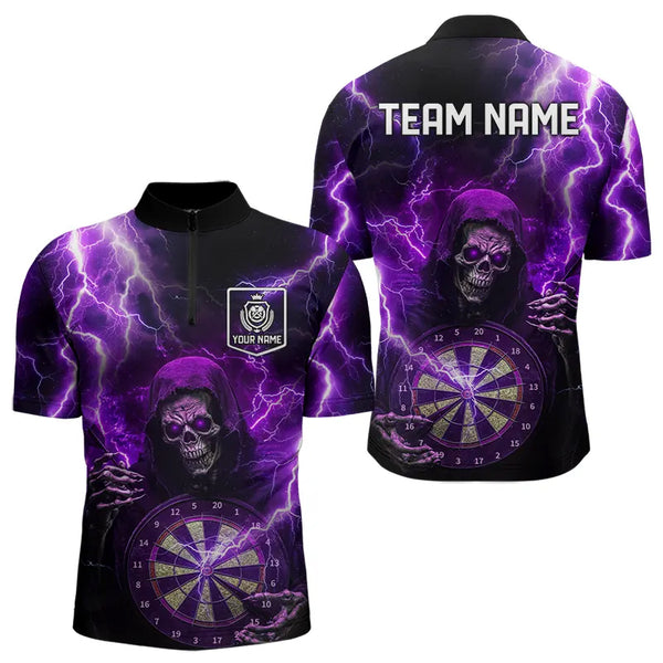 Personalized Skull Purple lightning thunder Darts Polo, 1/4 Zip Shirt For Men Custom Dart Team Jerseys NQS9494
