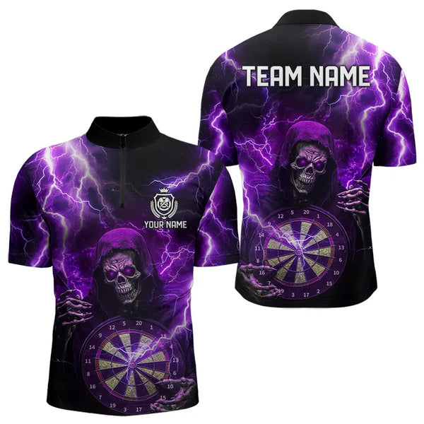 Personalized Skull Purple lightning thunder Darts Polo, 1/4 Zip Shirt For Men Custom Dart Team Jerseys NQS9494