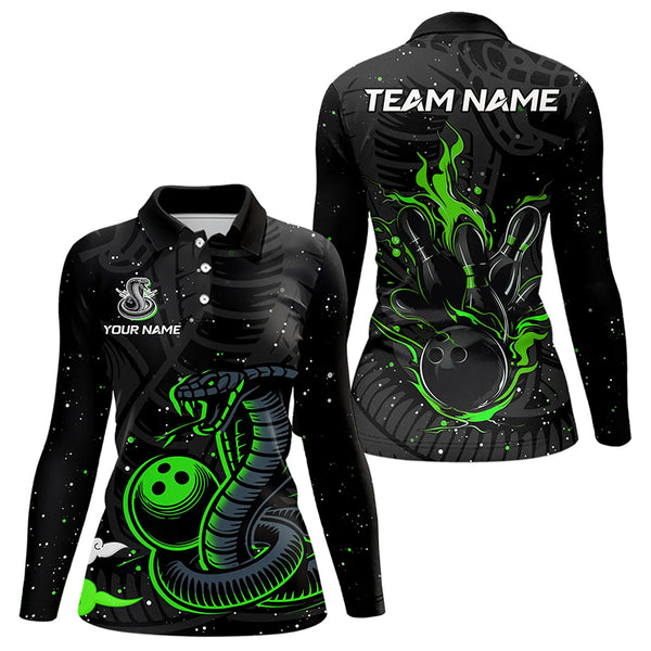 Black and Green Cobra Snake Bowling Polo, Quarter Zip Shirts For Women Custom Name Bowling Team Shirts NQS9655